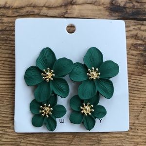 Hibiscus Forest Green Double Flower Earrings CUTE!